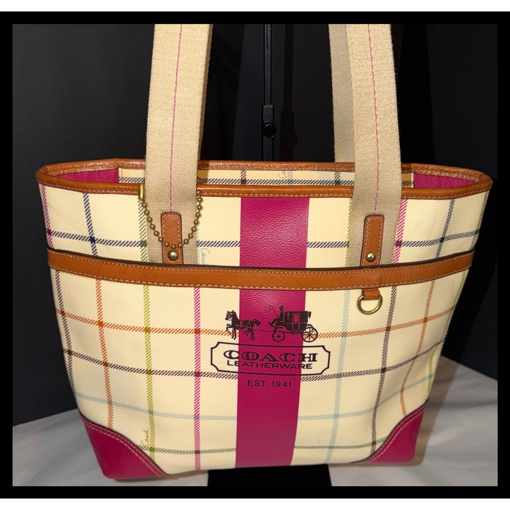 Coach Heritage Tattersall Plaid Tote Bag Medium Cream Multi Coated Canvas Purse